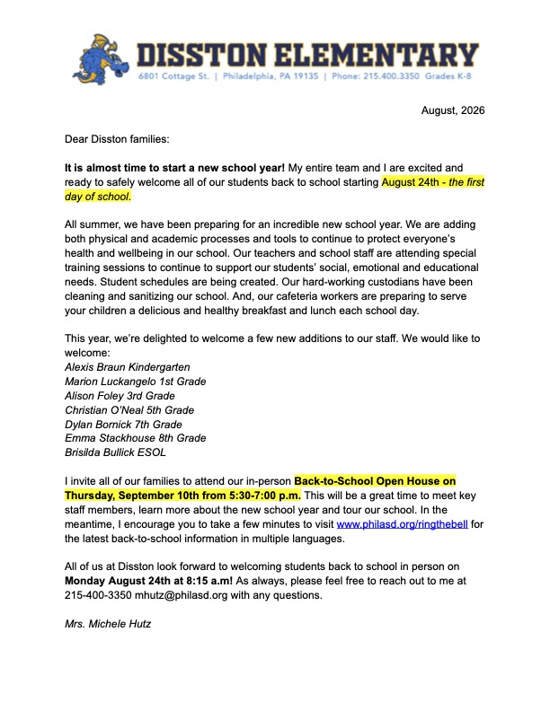 Disston SY26_27_ Welcome Back Letter - Google Docs